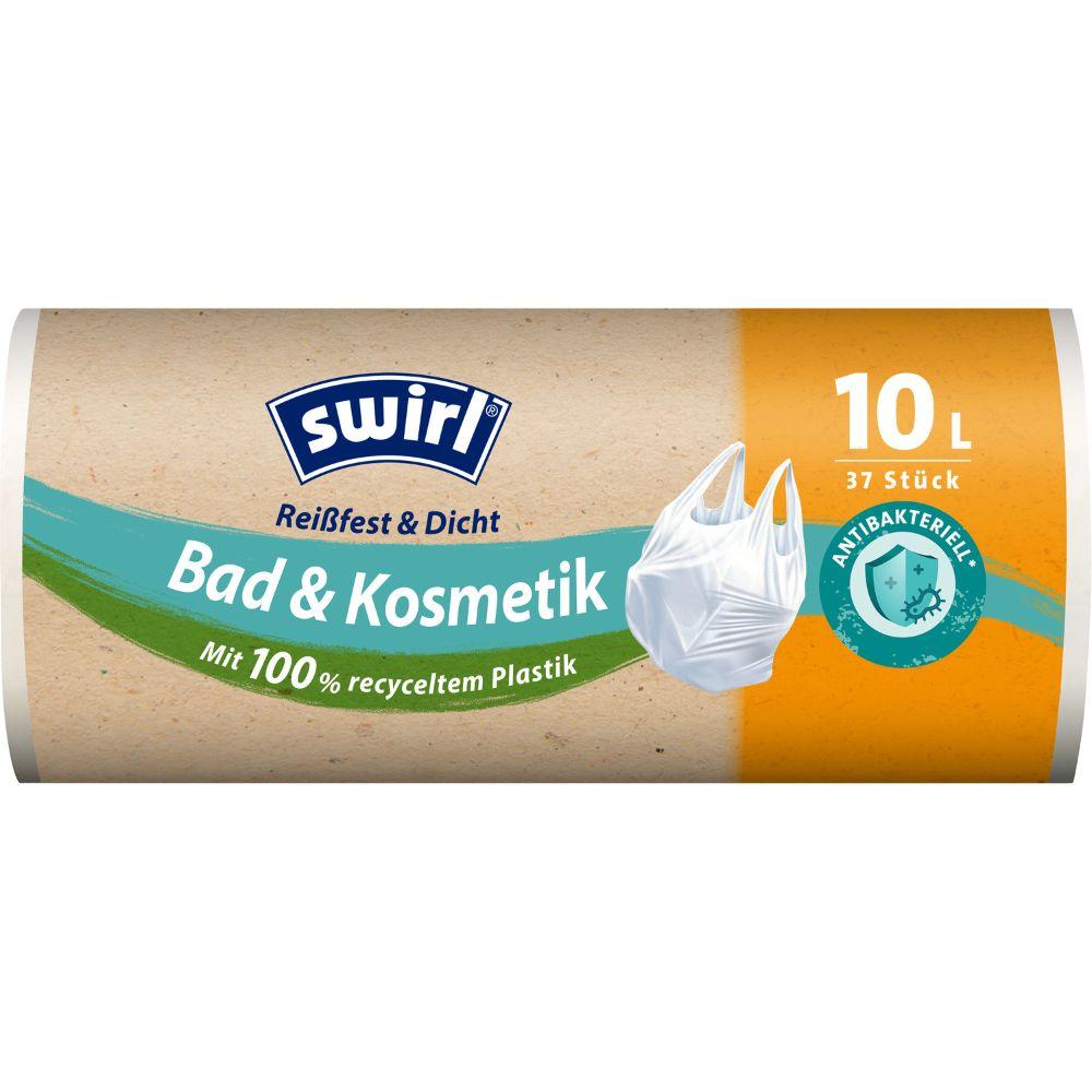 A roll of Swirl handle garbage bags for bathroom & cosmetics 10 l from Melitta Europa GmbH & Co. KG contains 37 tear-resistant, dense bags made from recycled plastic – ideal for hygienic and environmentally friendly waste disposal in the bathroom.