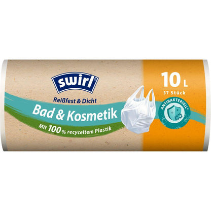 A roll of Swirl handle garbage bags for bathroom & cosmetics 10 l from Melitta Europa GmbH & Co. KG contains 37 tear-resistant, dense bags made from recycled plastic – ideal for hygienic and environmentally friendly waste disposal in the bathroom.