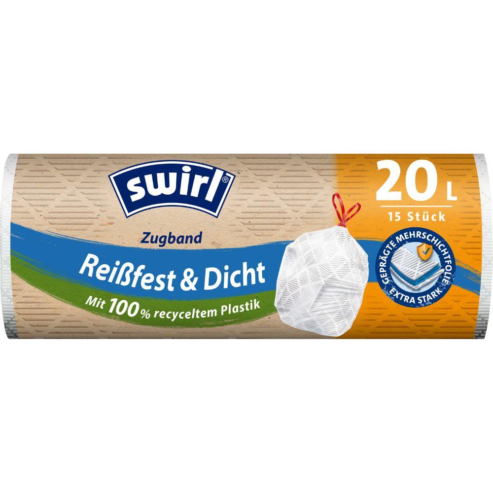 The beige Swirl drawstring trash bags 20 l Tear-resistant & Leak-proof by Melitta Europa GmbH & Co. KG come as a roll with 15 bags of 20 liters each and are made from 100% recycled plastic with blue and orange accents.
