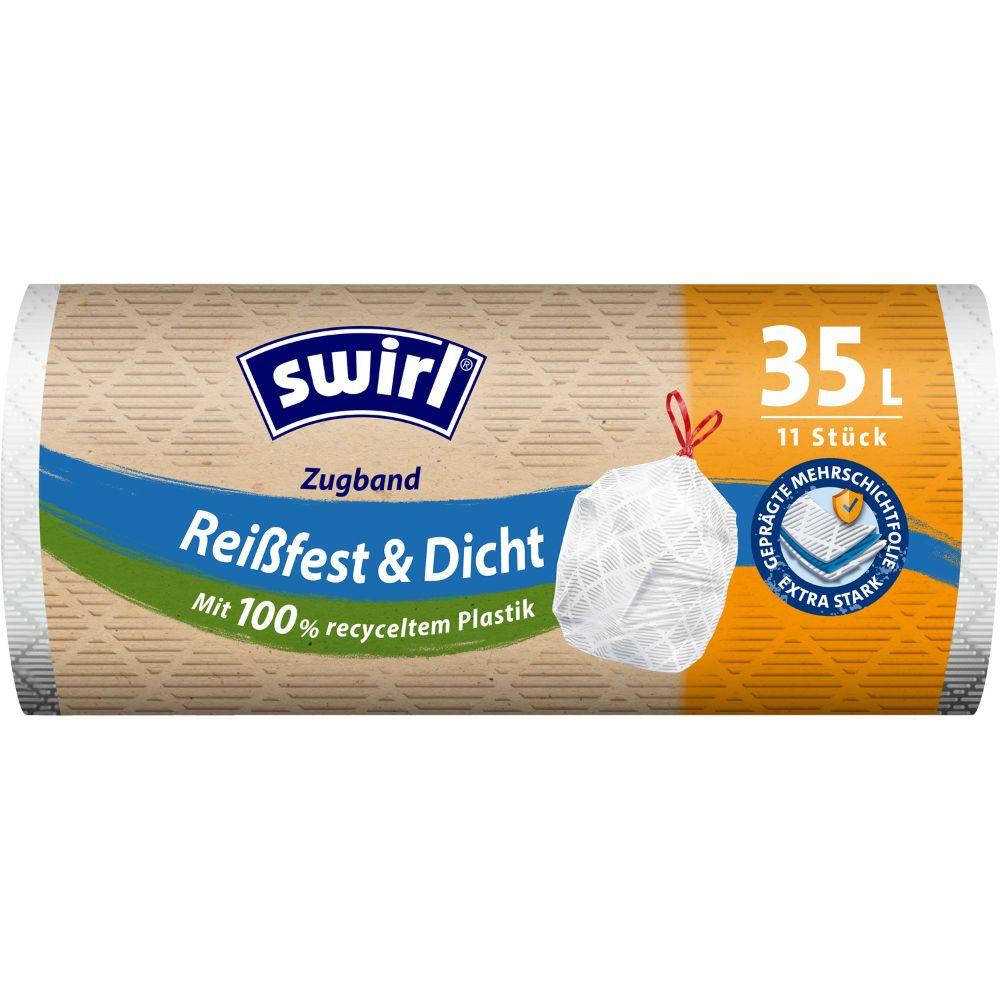 A roll of Swirl drawstring garbage bags 35L (11 bags) from Melitta Europa GmbH & Co. KG, made from 100% recycled plastic with multi-layer film for tear resistance and tight closure.
