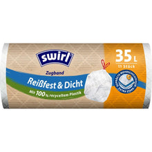 A roll of Swirl drawstring garbage bags 35L (11 bags) from Melitta Europa GmbH & Co. KG, made from 100% recycled plastic with multi-layer film for tear resistance and tight closure.