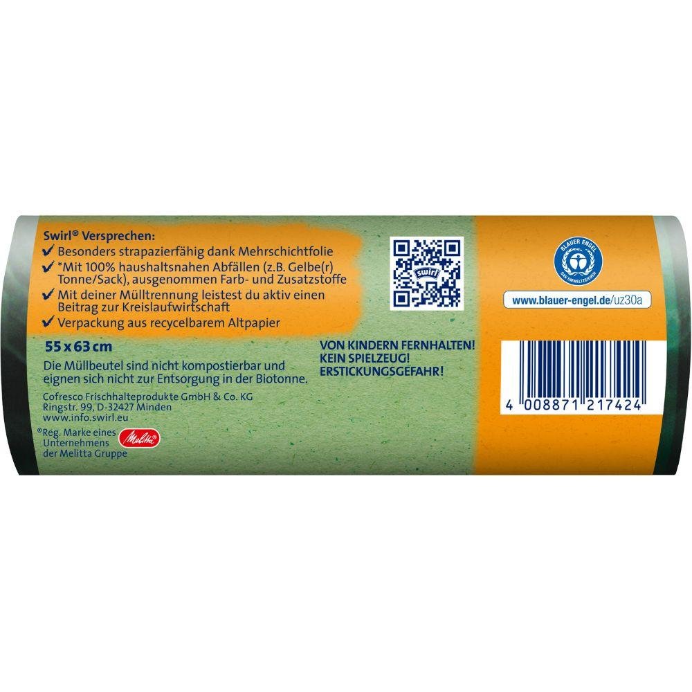 A close-up of the back label of Melitta's Swirl eco garbage bags with drawstring 35 l (12 bags) shows product promises, instructions for use, a QR code, a barcode, and German safety warnings on a green-orange background.