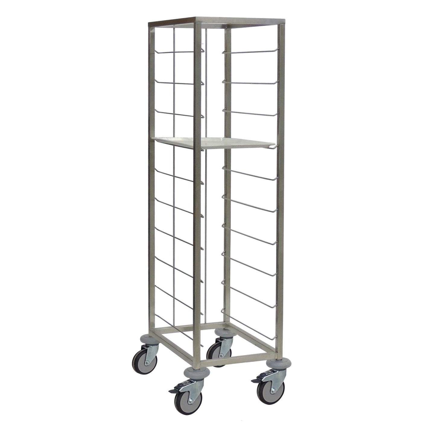 The Novocal tablet cart made of stainless steel in a single-row design offers space for 10 tablets, has a central shelf as well as four swivel casters, and is ideal as a tablet cart for hospitals.