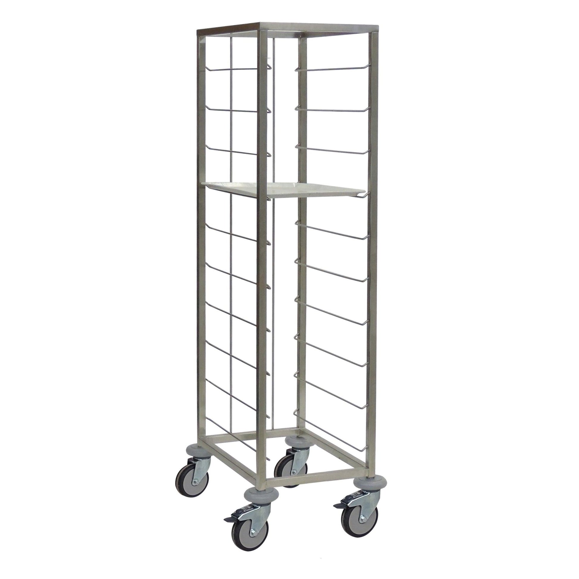 The Novocal tablet cart made of stainless steel in a single-row design offers space for 10 tablets, has a central shelf as well as four swivel casters, and is ideal as a tablet cart for hospitals.