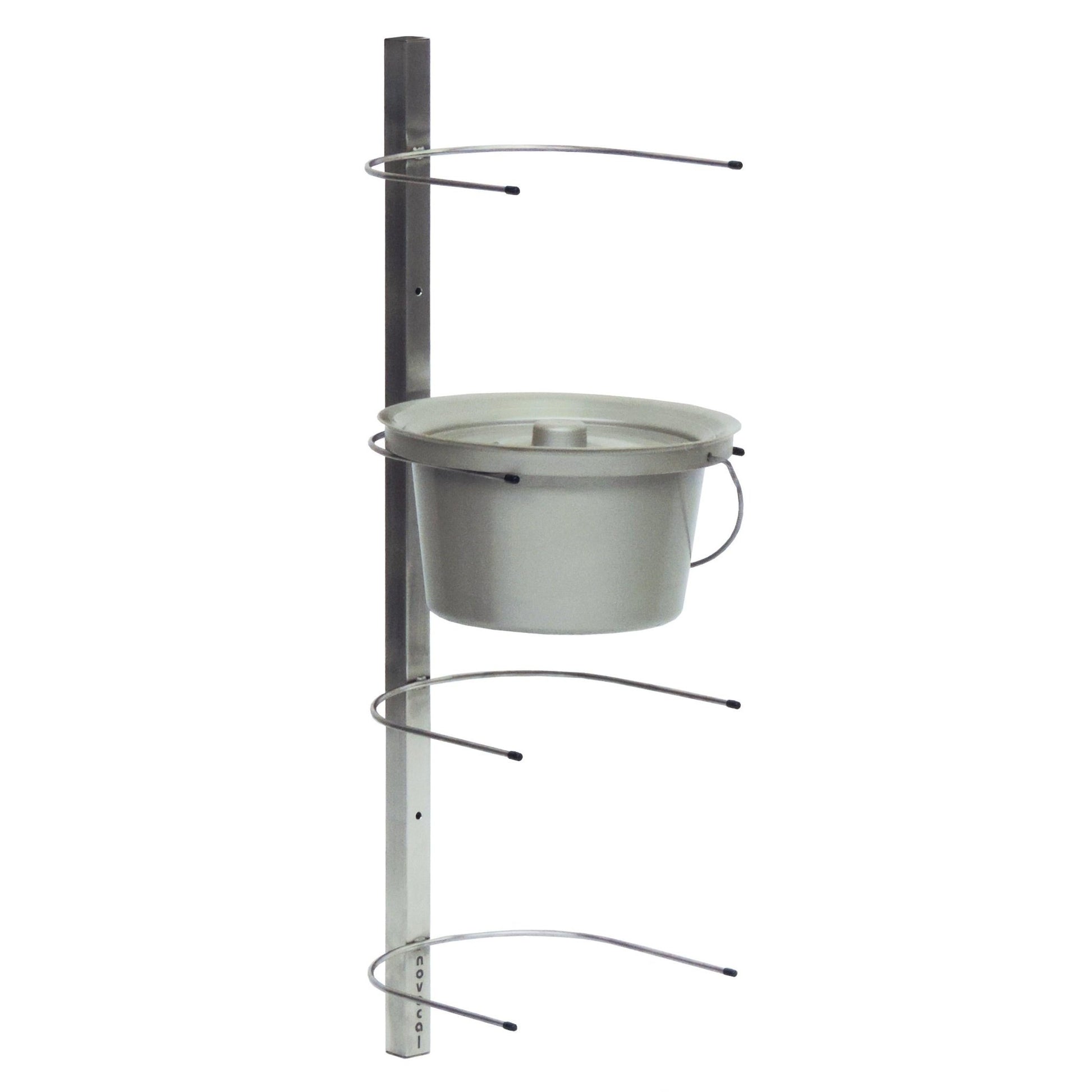 The Novocal toilet bucket wall mount made of stainless steel offers space-saving storage for up to 4 toilet buckets, is wall-mounted, and is suitable for buckets with handles and lids. Overall dimensions: 260 x 2, package (1 piece).