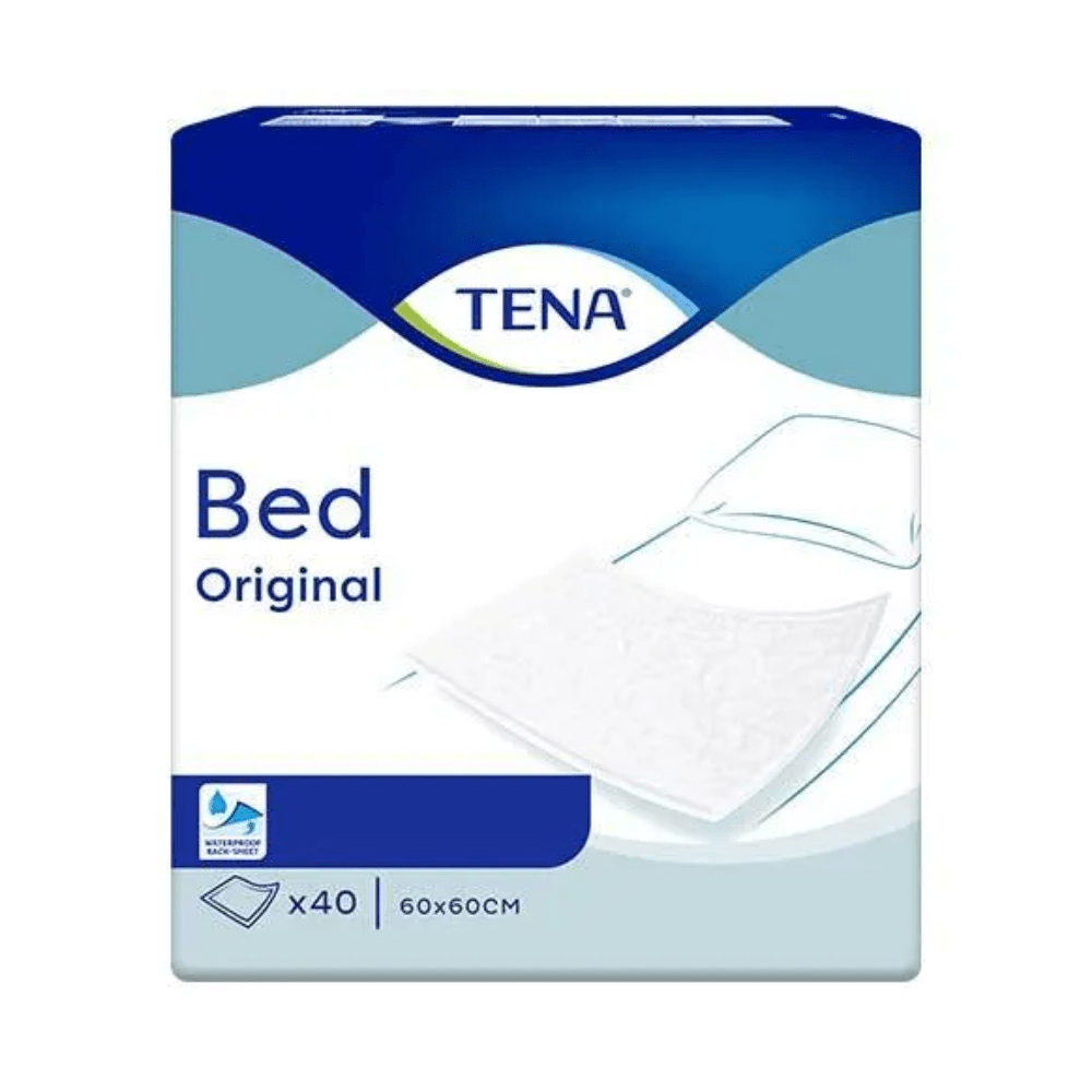 The image shows the TENA Bed Original bed protection pads, manufactured by TENA - Essity Germany GmbH. The design is predominantly in blue and white and features a graphic of a bed protector. It highlights the waterproof property and indicates a size of 60 x 60 cm, containing 40 pieces and suitable for treating involuntary urine loss.