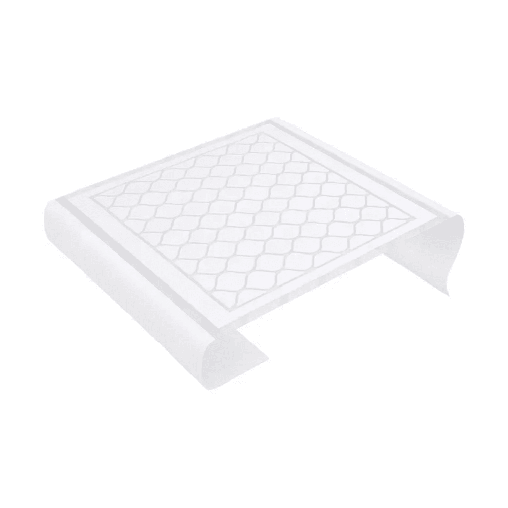 A clear, curved lectern made of plastic with a hexagonal grid design on the top exudes minimalist elegance. Its streamlined shape perfectly complements a modern aesthetic and is reminiscent of the innovative design inspirations of the TENA Bed PlusWing bed protection pad collection by TENA - Essity Germany GmbH.