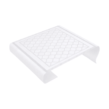 A clear, curved lectern made of plastic with a hexagonal grid design on the top exudes minimalist elegance. Its streamlined shape perfectly complements a modern aesthetic and is reminiscent of the innovative design inspirations of the TENA Bed PlusWing bed protection pad collection by TENA - Essity Germany GmbH.