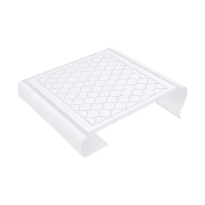 A clear, curved lectern made of plastic with a hexagonal grid design on the top exudes minimalist elegance. Its streamlined shape perfectly complements a modern aesthetic and is reminiscent of the innovative design inspirations of the TENA Bed PlusWing bed protection pad collection by TENA - Essity Germany GmbH.