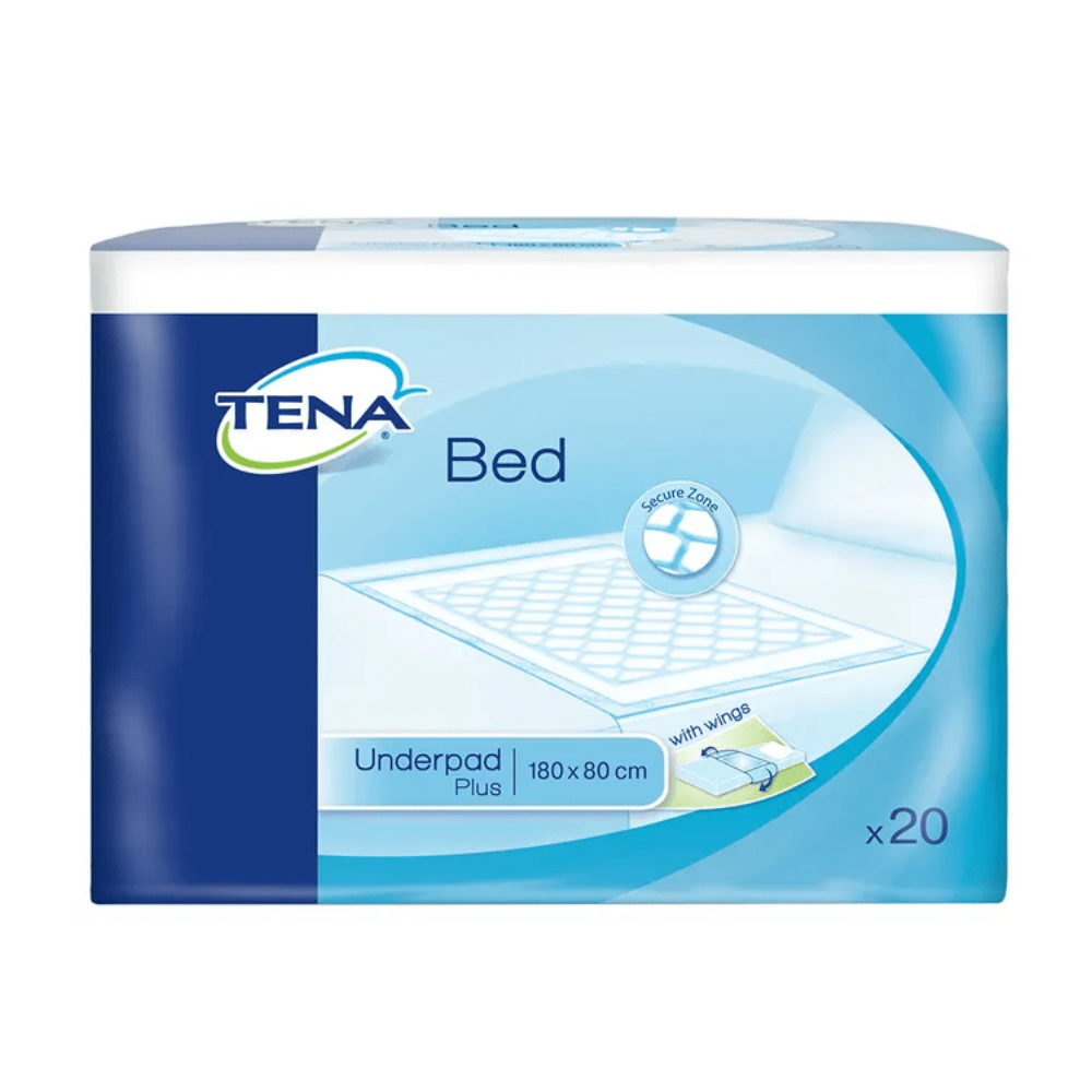 The packaging for TENA Bed PlusWing bed protection pads by Essity Germany GmbH is depicted, featuring an image with safety zone functions and superabsorbent microbeads to enhance absorbency. The product measures 180 x 80 cm, is ideal for incontinence bed protection, and comes in a pack of 20 pieces.