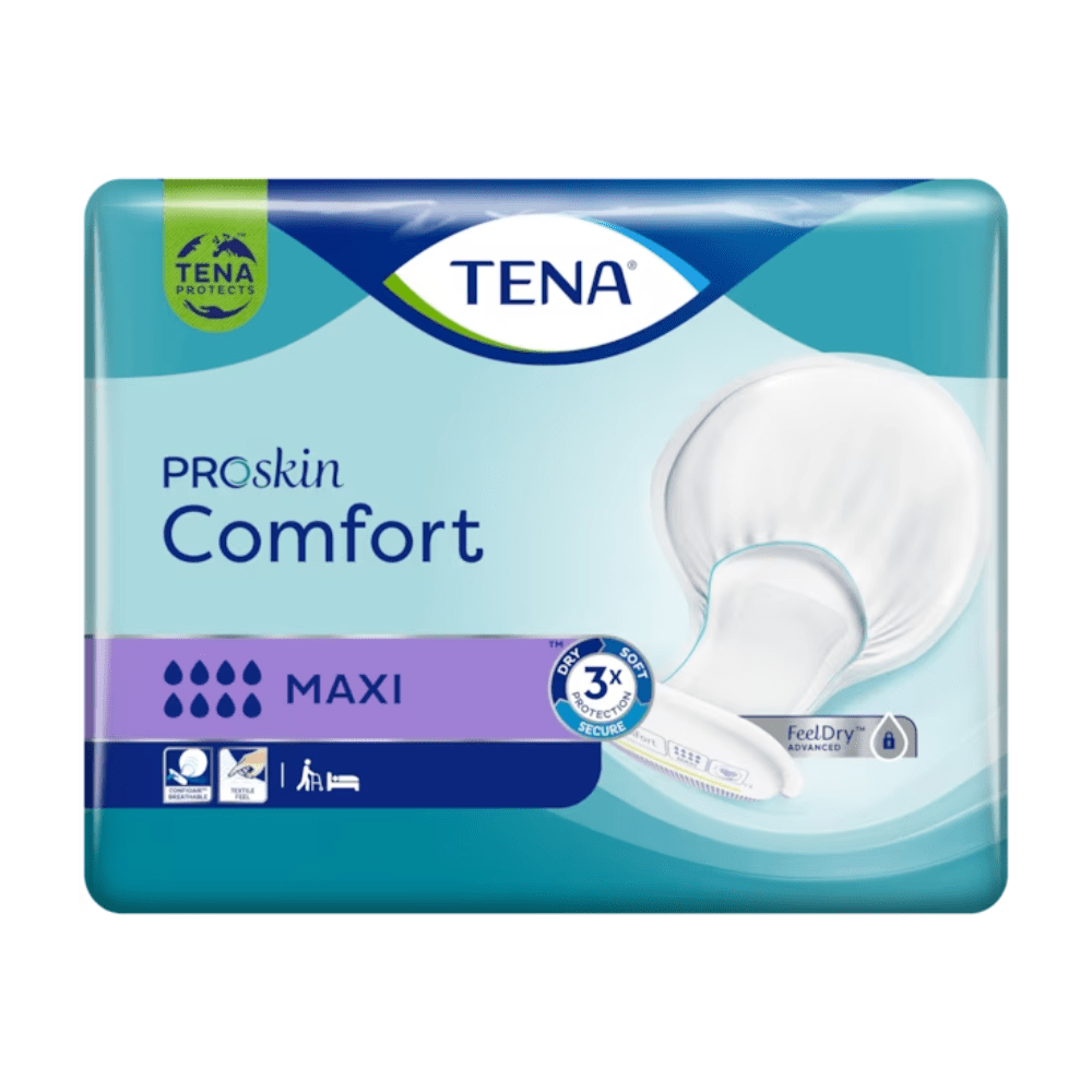 Packaging for TENA Comfort Maxi incontinence pads, contains 34 pads. The design features a blue-purple color scheme with an image of the incontinence pad on the right side, as well as symbols indicating absorbency and product benefits.