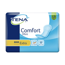 The image shows a pack of TENA Comfort Mini Extra incontinence pads in blue packaging with the text "TENA" and "Comfort Mini." It highlights the Dry Fast Core absorbent core for improved absorbency, along with symbols indicating that it is dermatologically tested and designed for effective odor control. The product is from TENA by Essity Germany GmbH and is delivered in a pack of 30 pieces.