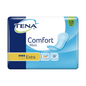 The image shows a pack of TENA Comfort Mini Extra incontinence pads in blue packaging with the text "TENA" and "Comfort Mini." It highlights the Dry Fast Core absorbent core for improved absorbency, along with symbols indicating that it is dermatologically tested and designed for effective odor control. The product is from TENA by Essity Germany GmbH and is delivered in a pack of 30 pieces.