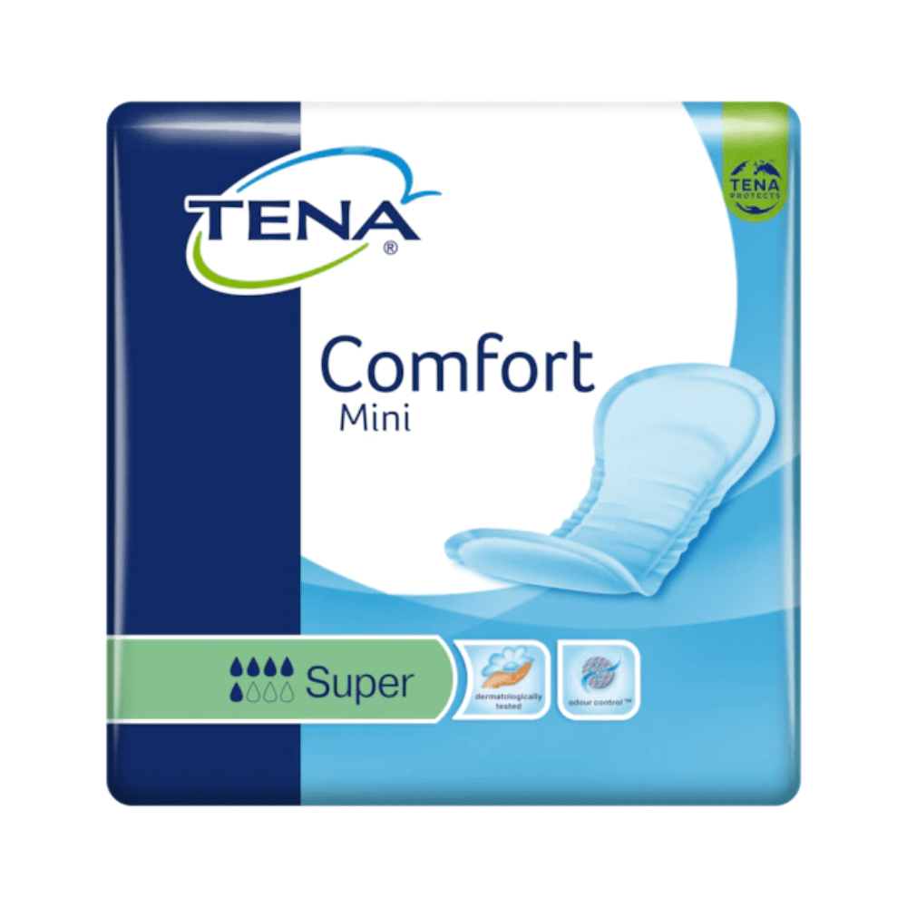 The image shows a pack of TENA Comfort Mini Super incontinence pads with 30 inserts, developed for bladder weakness. The blue and white packaging clearly displays the TENA logo of Essity Germany GmbH and the product name, along with an illustration on the right side highlighting the Dry Fast Core technology.