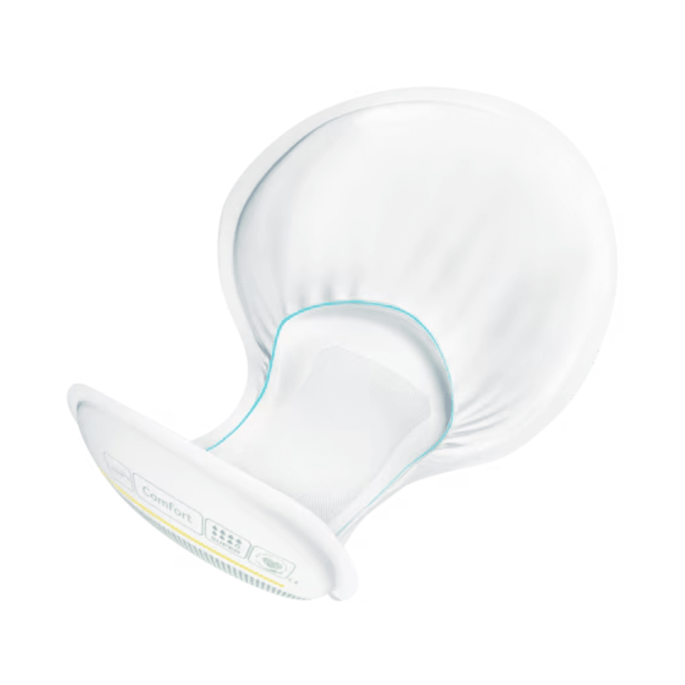A TENA Comfort Maxi incontinence pad, featuring a white, curved shield with a wide, round flange and a narrower, textured stem, offers impressive absorbency. Its ergonomic design ensures comfort during use and enhances the overall experience.