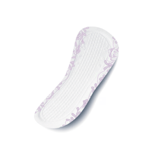 The TENA Discreet Mini incontinence pad from Essity Deutschland GmbH has a textured white surface with a subtle purple floral pattern on the edges and offers reliable triple protection for bladder weakness. Available in a pack of 30 pieces.