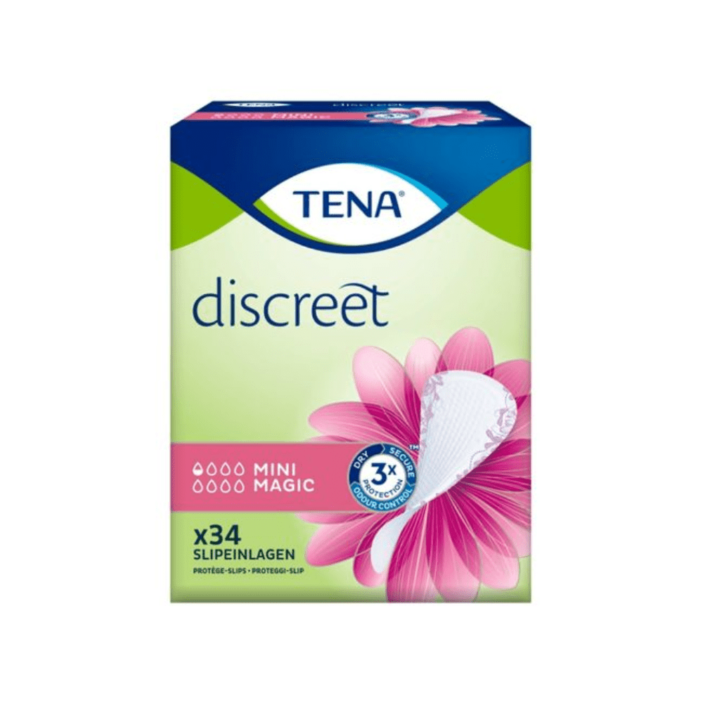 The image shows a pack of TENA Discreet Mini Magic incontinence pads with a pink petal design and the text "Pack (34 pieces)". The packaging emphasizes "3x protection" for light bladder weakness, contains water drop symbols, and highlights the microPROTEX technology for effective absorbency. Made by TENA - Essity Germany GmbH.