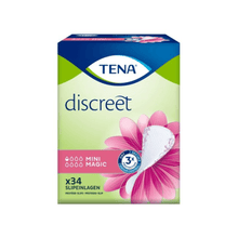 The image shows a pack of TENA Discreet Mini Magic incontinence pads with a pink petal design and the text "Pack (34 pieces)". The packaging emphasizes "3x protection" for light bladder weakness, contains water drop symbols, and highlights the microPROTEX technology for effective absorbency. Made by TENA - Essity Germany GmbH.