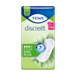 The packaging of the TENA Discreet Mini Plus incontinence pad, manufactured by TENA - Essity Germany GmbH, is designed in blue and green. It highlights features like "up to 12 hours dryness" and "3-fold protection odor control" for triple protection. Additionally, there is a striking image of a pad with a floral pattern to emphasize effective bladder weakness protection. The package contains 20 pieces.