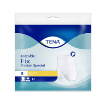 The packaging of the TENA Fix Cotton Special Fixation Pants, size S, features a white image of the fixation pants and unisex symbols. It is predominantly blue and white and prominently displays the TENA logo of Essity Deutschland GmbH at the top edge. This makes it ideal for the comfortable fixation of incontinence pads.