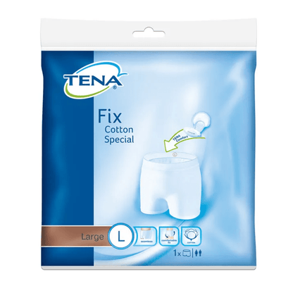 A pack of TENA Fix Cotton Special Fixation Pants incontinence underwear, size L, from TENA - Essity Germany GmbH. The blue and white packaging shows an image emphasizing comfort and fit, along with symbols with detailed washing instructions and product information for easy care.