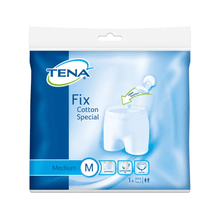 Photo of packaging for TENA Fix Cotton Special Fixation Pants in medium size. The white and blue packaging shows an image of elastic mesh underwear and contains the words "fixation pants" or "incontinence pads." The image also highlights a wide waistband with an arrow, while the TENA - Essity Germany GmbH logo is placed at the top left.
