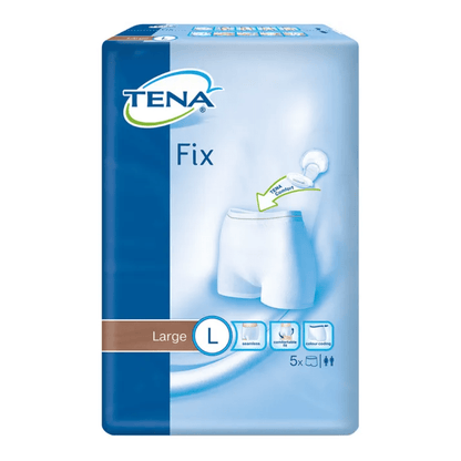 The TENA Fix incontinence fixing pants from TENA - Essity Germany GmbH offer secure and comfortable wear. The blue packaging clearly marks a large 'L' for size L and contains a diagram illustrating the fit, as well as symbols highlighting the leakage protection features. Each pack contains 5 pieces specifically designed for reliable protection.