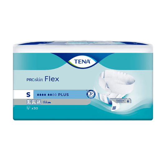 The packaging of the TENA Flex Plus incontinence briefs in size Small is presented in a blue-white design with a diaper image, highlighting the 'Plus' absorbency, the FeelDry technology, and the waistband for increased comfort. Each pack contains 30 units of incontinence pads from the brand TENA – Essity Germany GmbH.