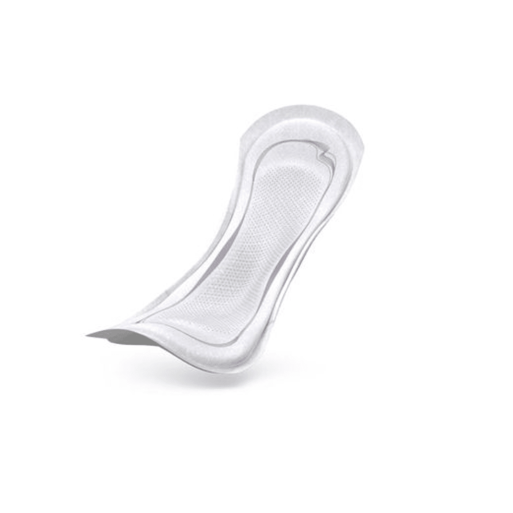 The TENA Lady Discreet Extra incontinence pad from Essity Germany GmbH is characterized by a curved shape and a textured surface on a simple white background. This product, equipped with InstaDRY technology, offers superior protection and comfort for anyone looking for reliable incontinence solutions. Available in a pack of 20 pieces.