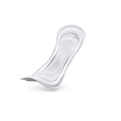 The TENA Lady Discreet Extra incontinence pad from Essity Germany GmbH is characterized by a curved shape and a textured surface on a simple white background. This product, equipped with InstaDRY technology, offers superior protection and comfort for anyone looking for reliable incontinence solutions. Available in a pack of 20 pieces.