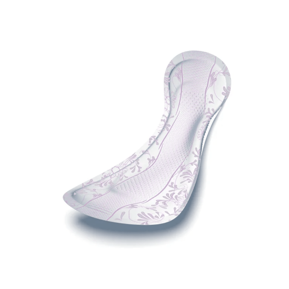 The TENA Lady Discreet Protect+ Maxi Night incontinence pad from TENA - Essity Germany GmbH features a contoured shape and a light purple floral pattern. Thanks to the InstaDRY technology, the details are highlighted on a simple white background. Available in packs of 12 pieces.
