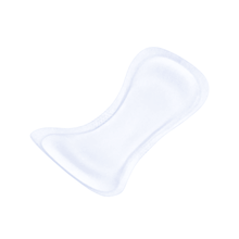 A close-up of a white, curved incontinence pad from TENA Lady Super incontinence pad | Pack (30 pieces) from TENA – Essity Germany GmbH against a plain background.
