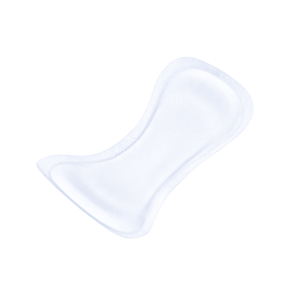A close-up of a white, curved incontinence pad from TENA Lady Super incontinence pad | Pack (30 pieces) from TENA – Essity Germany GmbH against a plain background.