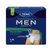 The packaging for the TENA Men Active Fit Pants Maxi incontinence pants is presented. The dark blue packaging highlights features such as "masculine + discreet" and "Maxi Absorption," making it perfect for heavy urine loss. An illustration of the incontinence pants and the size L/XL is shown.