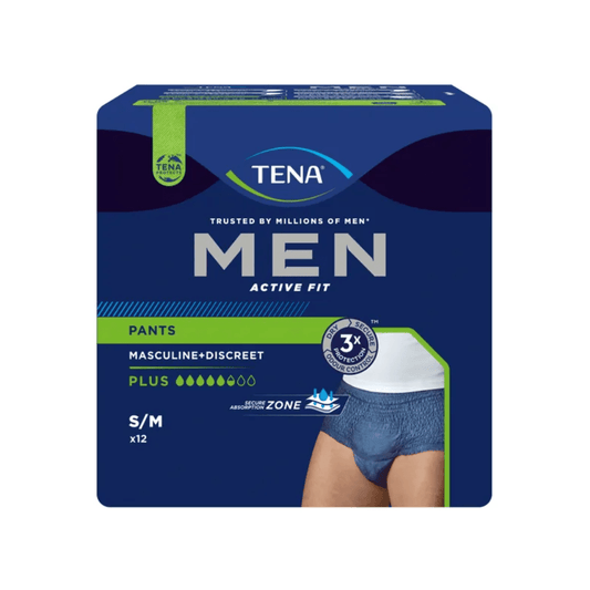 The TENA Men Active Fit Pants Plus incontinence pants, offered by TENA – Essity Deutschland GmbH, feature a dark blue packaging with green accents that emphasize a masculine and discreet design. They highlight '3x Protection' and 'Plus Absorbency' to effectively counteract urine loss, and the package contains 12 pants in size S/M.