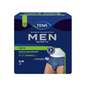 The TENA Men Active Fit Pants Plus incontinence pants, offered by TENA – Essity Deutschland GmbH, feature a dark blue packaging with green accents that emphasize a masculine and discreet design. They highlight '3x Protection' and 'Plus Absorbency' to effectively counteract urine loss, and the package contains 12 pants in size S/M.