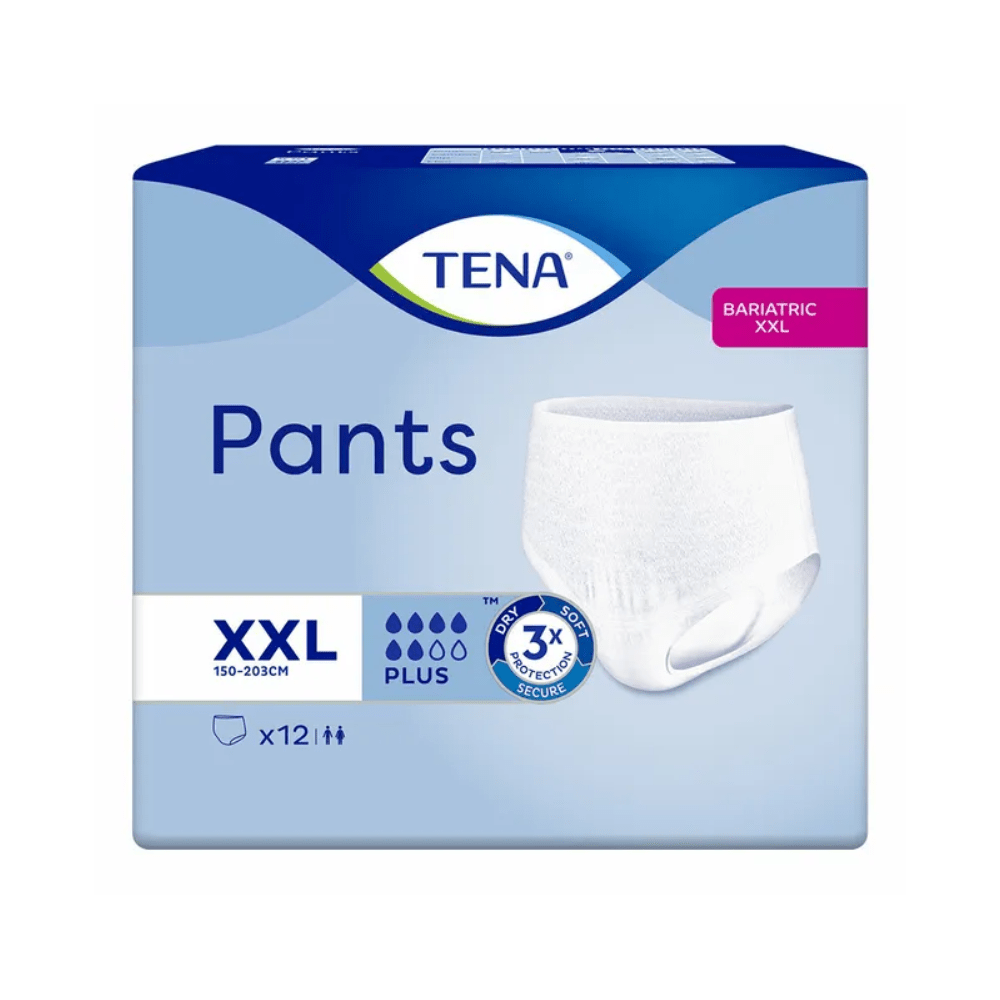 The packaging of the TENA Pants Bariatric Plus incontinence pants for obese people in size XXL highlights bariatric incontinence pants. The blue and white box shows the product image and emphasizes the capacity for up to 3 times absorption and the fit for waist sizes from 150 to 203 cm, with each pack containing 12 pants.