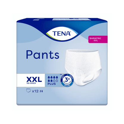 The packaging of the TENA Pants Bariatric Plus incontinence pants for obese people in size XXL highlights bariatric incontinence pants. The blue and white box shows the product image and emphasizes the capacity for up to 3 times absorption and the fit for waist sizes from 150 to 203 cm, with each pack containing 12 pants.