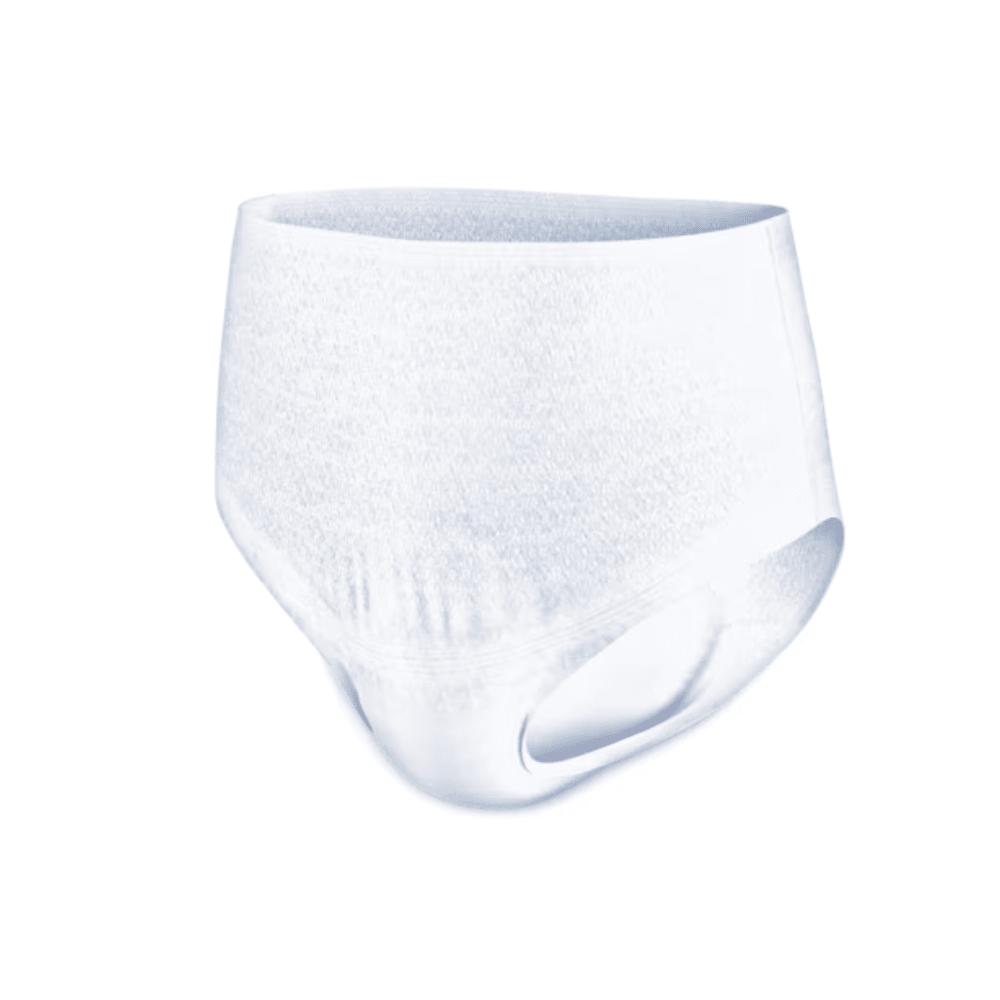 Against a solid background, a pair of white disposable underwear for adults is depicted, which is perfect for treating bladder weakness. These TENA Proskin Pants Maxi incontinence pants from TENA - Essity Germany GmbH are designed for comfort and absorbency and feature an elastic waistband and leg openings.