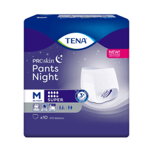 The image shows a pack of TENA ProSkin Pants Night Super incontinence pants from TENA – Essity Germany GmbH, which are perfect for treating nighttime bladder weakness. The design in purple and blue with a white border highlights details such as size M, which is suitable for 80-110 cm, and contains 10 pieces per pack.