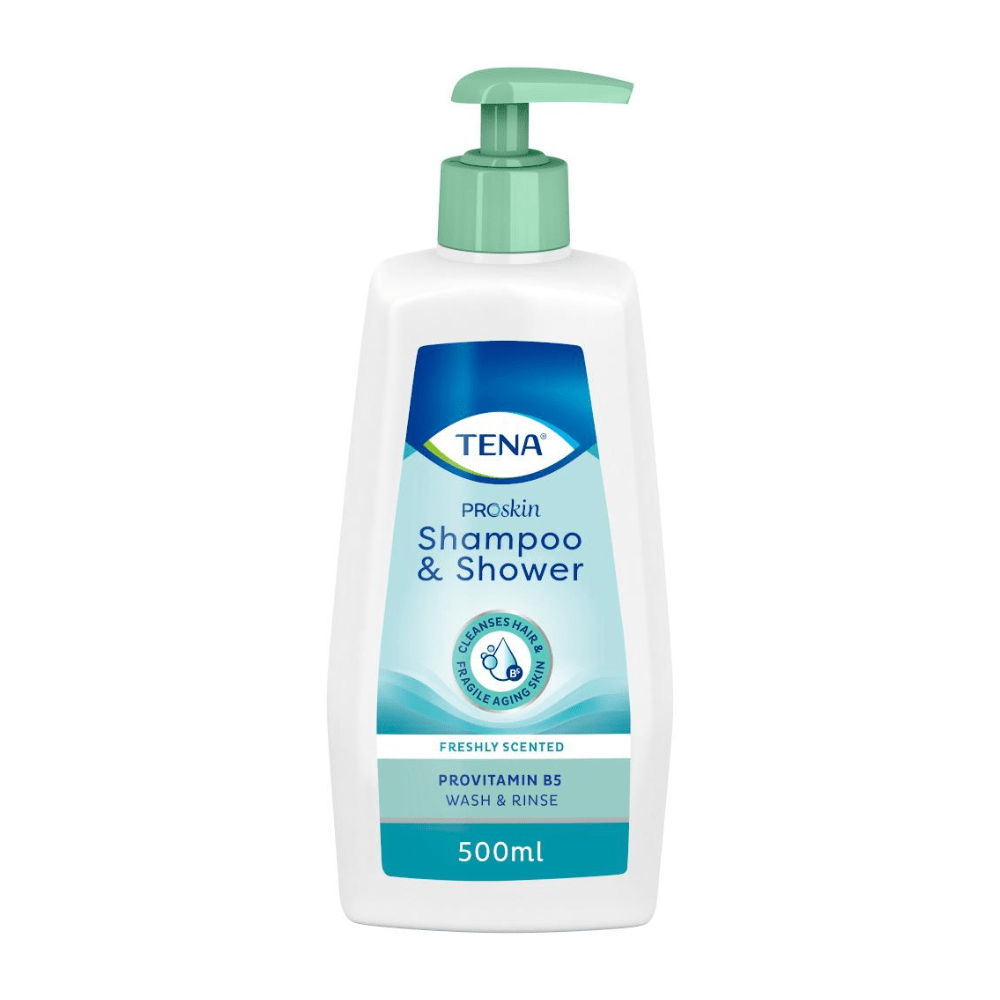 The TENA Shampoo & Shower 500 ml from Essity Germany GmbH with a green pump closure is ideal for sensitive skin. Its fresh-smelling formula enriched with provitamin B5 is presented in an elegant white packaging with blue and green accents.