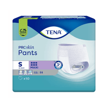 A pack of TENA Proskin Pants Maxi incontinence pants from TENA - Essity Germany GmbH in size Small. The blue-green packaging shows a product image and indicates that it contains 10 pieces, ideal for discreet treatment of bladder weakness with 'Maxi' absorbency.