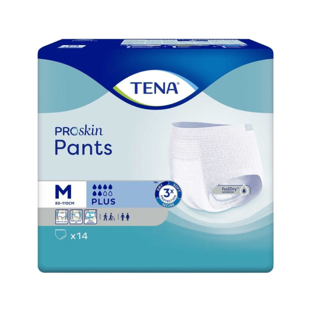 Image of the packaging of TENA Proskin Pants Plus incontinence pants. A blue-green box presents white pants with the inscriptions "feels dry", "triple protection" and moisture-reducing technology. The packaging is specified in size M (80-110 cm) and contains 14 incontinence pants with symbols indicating various uses and benefits. Manufactured by TENA - Essity Germany GmbH.