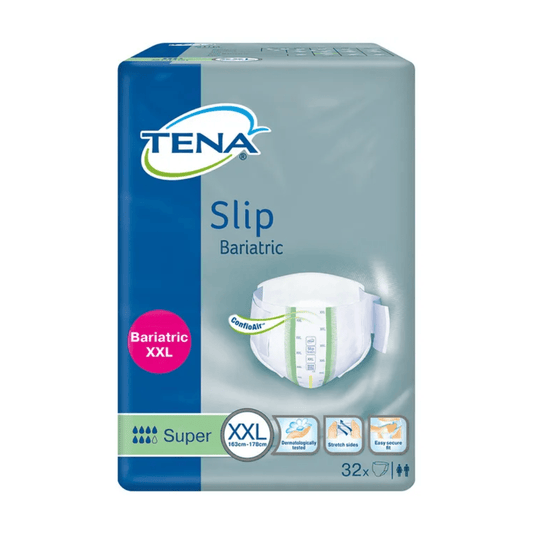 A pack of TENA ProSkin Slip Bariatric Super incontinence pads from Essity Germany GmbH, designed for people with a waist circumference of 163cm-178cm, offers comfort through breathable material, an odor neutralizer, elastic sides, and easy-to-open tabs. This XXL product includes 32 adult diapers.