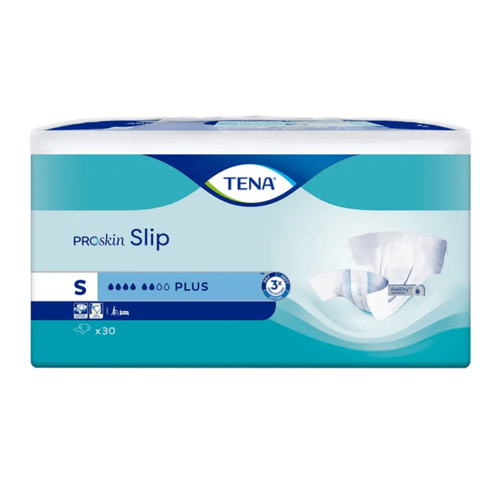 The packaging for the TENA Slip Plus incontinence pad with a waistband in size S features the product name and a small image of the adult diaper on the front. Each package contains 30 pads and displays the blue-and-white branding of TENA - Essity Germany GmbH, which highlights the reliable leak protection for optimal comfort and protection.