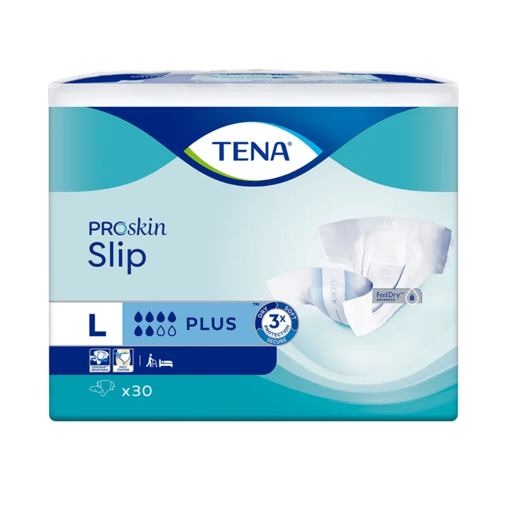 The packaging for the TENA Slip Plus incontinence pads with a waistband, manufactured by TENA – Essity Germany GmbH, size Large, features a design highlighted by symbols that indicate features such as excellent absorbency and leak protection. The color scheme is blue and white, and each package contains 30 pads.