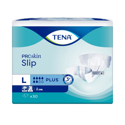 The packaging for the TENA Slip Plus incontinence pads with a waistband, manufactured by TENA – Essity Germany GmbH, size Large, features a design highlighted by symbols that indicate features such as excellent absorbency and leak protection. The color scheme is blue and white, and each package contains 30 pads.
