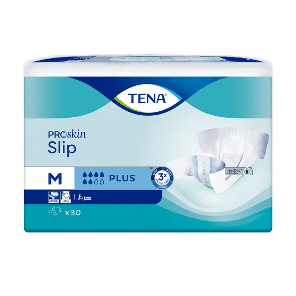 The image shows a package of TENA Slip Plus incontinence pads with a waistband from TENA – Essity Germany GmbH, which feature leak protection for added security. The blue-and-white packaging is marked with an “M” to indicate the medium size and contains 30 pads, highlighting the triple skin protection.