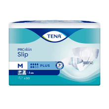 The image shows a pack of TENA Slip Plus incontinence pad with waistband from TENA – Essity Germany GmbH, which includes leakage protection for additional security. The blue and white packaging is marked with an 'M' for medium size and contains 30 pieces, highlighting triple skin protection.