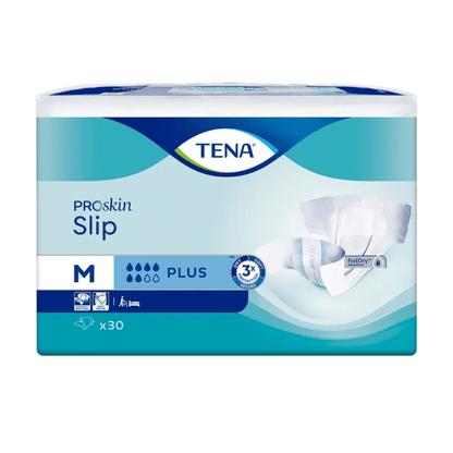 The image shows a package of TENA Slip Plus incontinence pads with a waistband from TENA – Essity Germany GmbH, which feature leak protection for added security. The blue-and-white packaging is marked with an “M” to indicate the medium size and contains 30 pads, highlighting the triple skin protection.